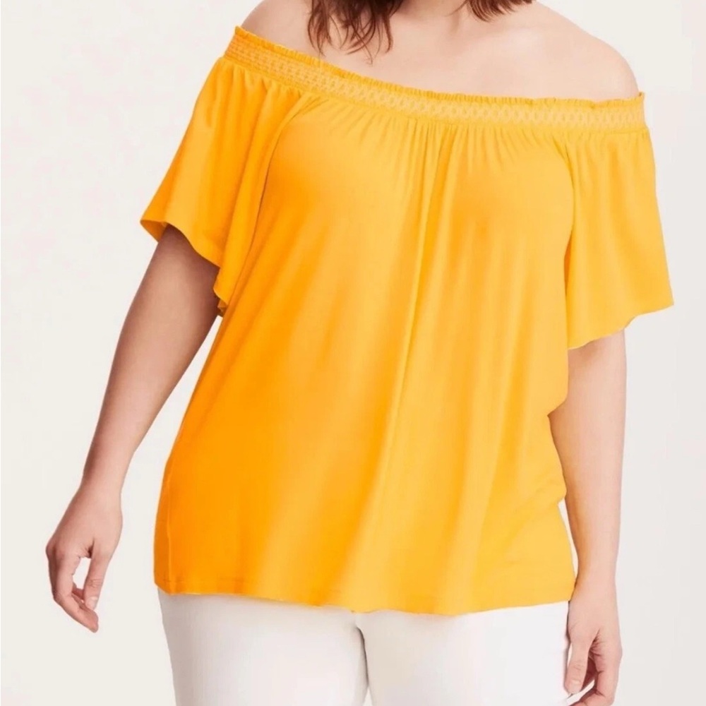 Torrid Embroidered Smocked Off Shoulder Top Yellow, size 1